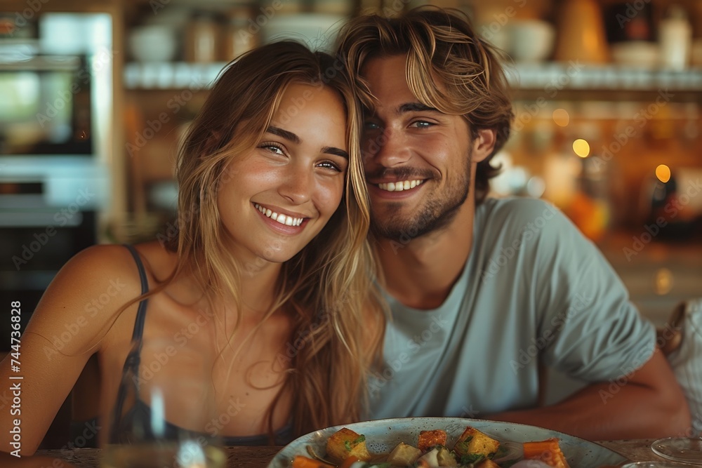 couple in the restaurant, Homey Culinary Joy: Lifestyle Stock Image of Young Couple in Bright, Modern Kitchen, Enjoying a Home-Cooked Meal, Sharing Laughter and Togetherness in Natural Lighting