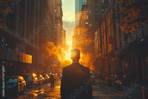 City Strides: Lifestyle Image of Young Entrepreneur Walking on Bustling City Street with Skyscrapers, Evoking a Dynamic and Ambitious Mood