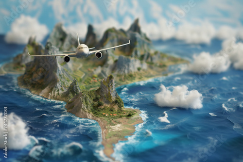Concept voyages et vacances. Diorama d'îles au milieu du pacifique avec un avion miniature qui décolle. Agences de voyage, réservation vacances © Noble Nature