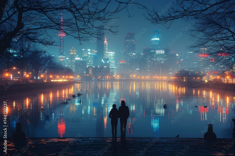 Fototapeta premium City Riverside Night View, City Lights Tranquility: Night Scene Photography of Riverside Promenade, Couples and Families Cherishing Serene Moments of Urban Leisure