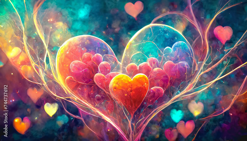 Coeur translucide rempli de petits coeurs colorés, Saint Valentin, mariage, sentiment d'amour et de romantisme