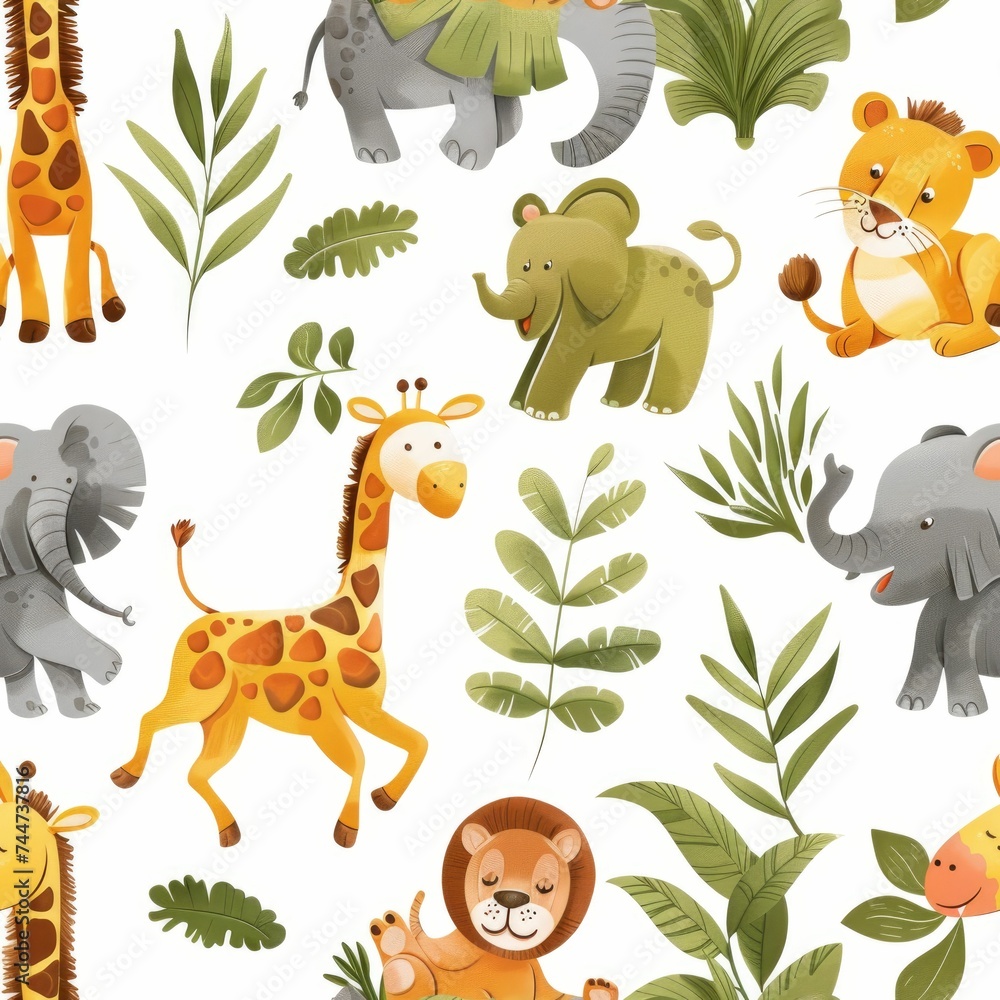 Fototapeta premium A delightful and whimsical pattern featuring stylized jungle animals like lions, giraffes, and elephants amongst a variety of colorful flora. 