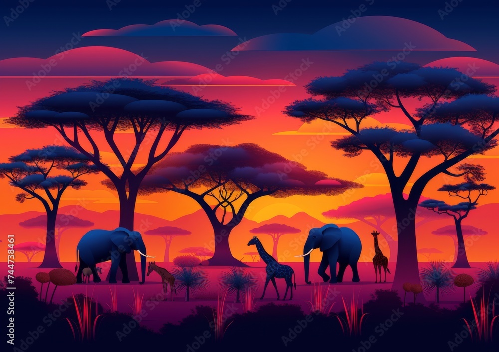 Silhouettes of Elephants and Acacia Trees at Twilight