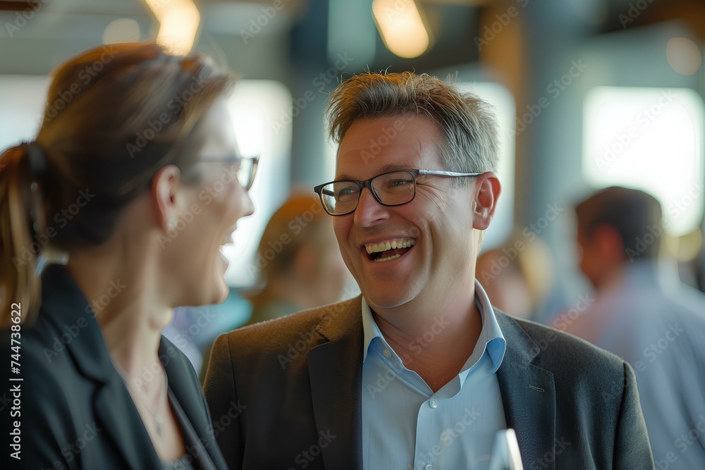 Group of diverse business people talking while laughing and talking at a networking event, in the style of contemporary and postmodern. generative AI Group of diverse business people talking while laughing and talking at a networking event, in the style of contemporary and postmodern. generative AI