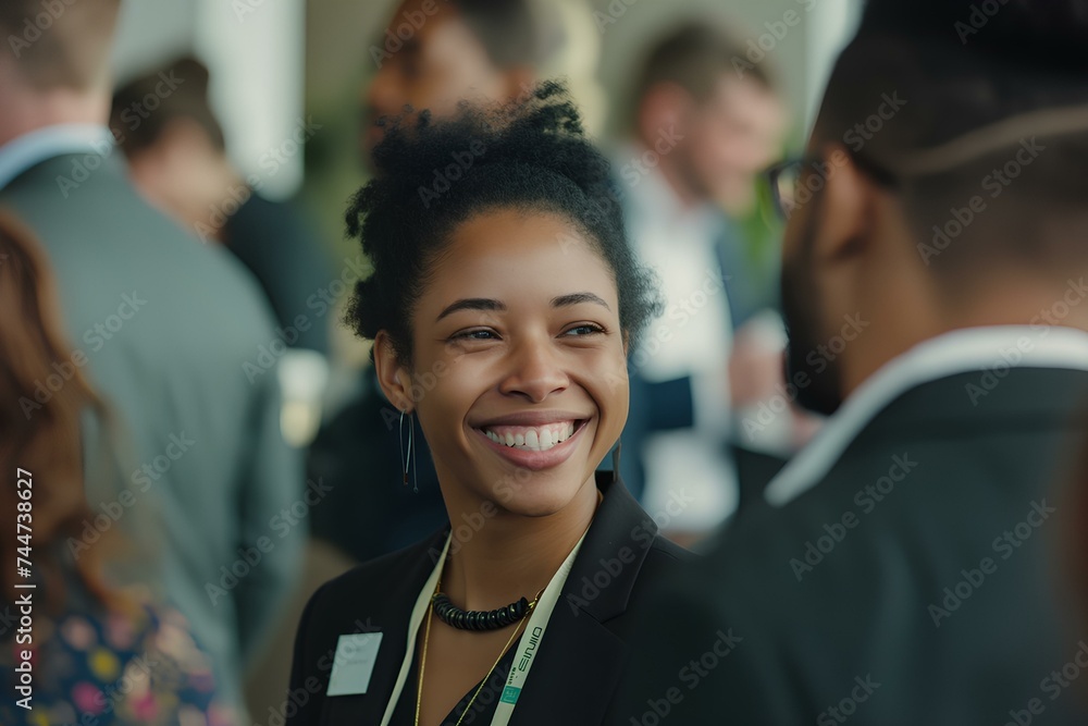 Group of diverse business people talking while laughing and talking at a networking event, in the style of contemporary and postmodern. generative AI Group of diverse business people talking while laughing and talking at a networking event, in the style of contemporary and postmodern. generative AI