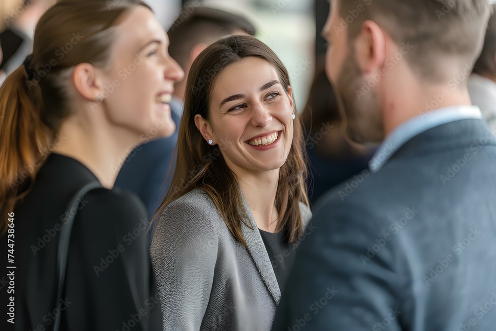 Obraz premium Group of diverse business people talking while laughing and talking at a networking event, in the style of contemporary and postmodern. generative AI