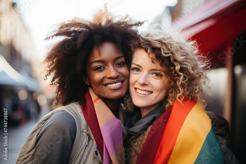 lesbian multiracial gay lesbian couple selfie at pride rally in rainbow colors © Elena