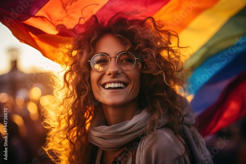 Woman with glasses and curly hair happy enjoys gay pride rally under a rainbow flag at sunset. LGTBIQ+ © Elena