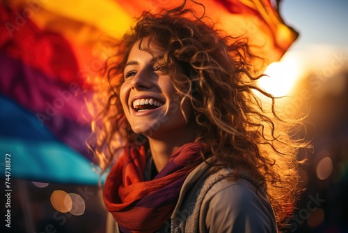 happy woman enjoys the gay pride march under a rainbow flag. LGTBIQ+