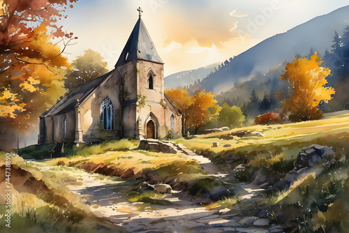 painting of an old abandoned church
 photo
