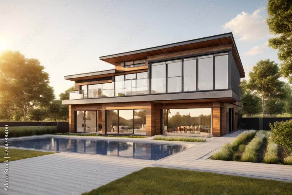 Illustration, back view of modern sustainable house with big windows, wooden house backyard with pool, green grass and trees, sustainable architecture concept