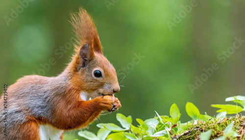 Cute red squirrel, sciurus vulgaris, eating a nut in green spring forest with copy space. Lovely wild animal with long ears and fluffy tail feeding in nature. Wide panoramic banner of mammal © Marisa