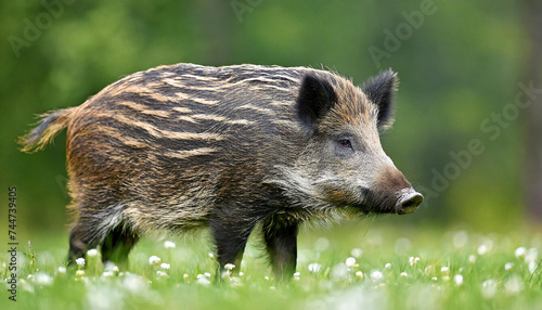 Dominant wild boar, sus scrofa, male sniffing with massive snout with white tusks on meadow. Majestic wild mammal standing on grass in spring from side view photo