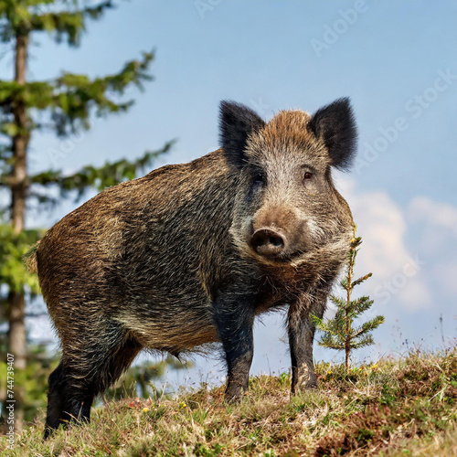 Dominant wild boar, sus scrofa, displaying on a hill near little spruce tree. Wild animal standing on a horizon on horizon on glade in forest. Strong mammal in wilderness