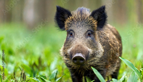 Front view of wild boar, sus scrofa, standing partially hidden in tall vegetation in spring forest. Wild animal in nature facing camera with copy space