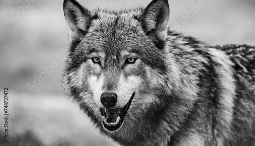 Greyscale closeup shot of an angry wolf with a blurred background