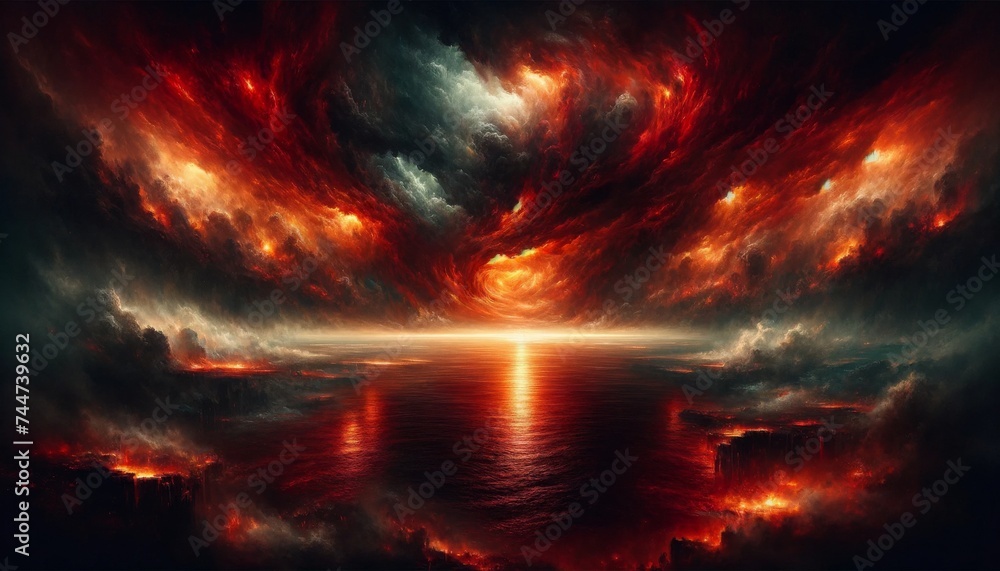 Calm Ocean at Night with Mysterious Red Clouds