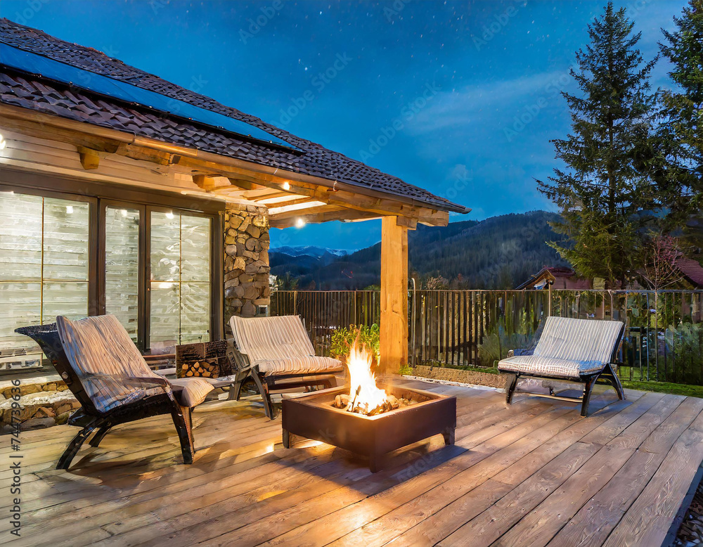 Night view of сozy patio with outdoor furniture, outdoor fireplace and solar panels on the roof