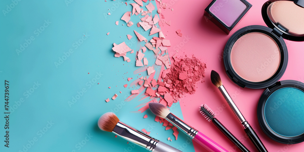 make up brushes and blush on pink and blue background make up brushes and blush on pink and blue background