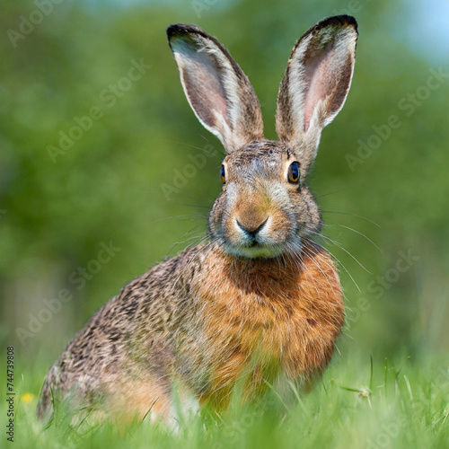 Single brown hare, lepus europaeus, sitting on a green meadow in summer nature. Wild mammal with long ears resting on in grass in springtime. Animal wildlife in vivid scenery with copy space