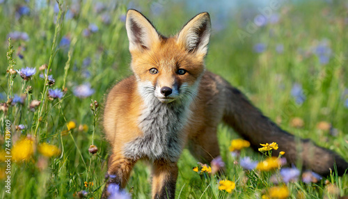 Red fox, vulpes vulpes, cub looking to the camera on sunny meadow in summer. Young mammal standing on field in sunlight. Little animal watching on flowered glade photo