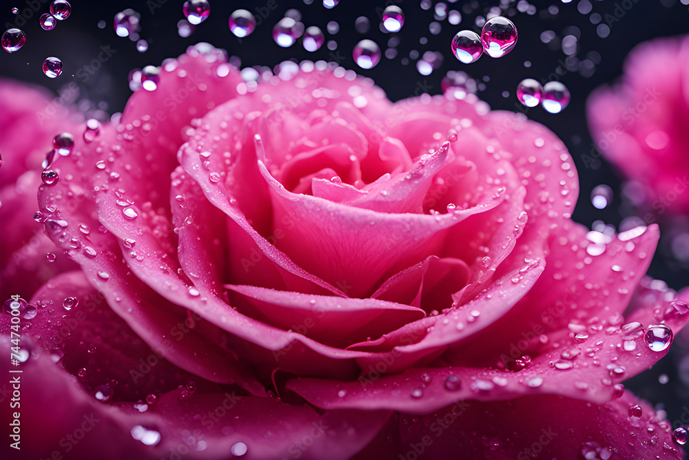 Spring and summer pink rose flowers with water drops
