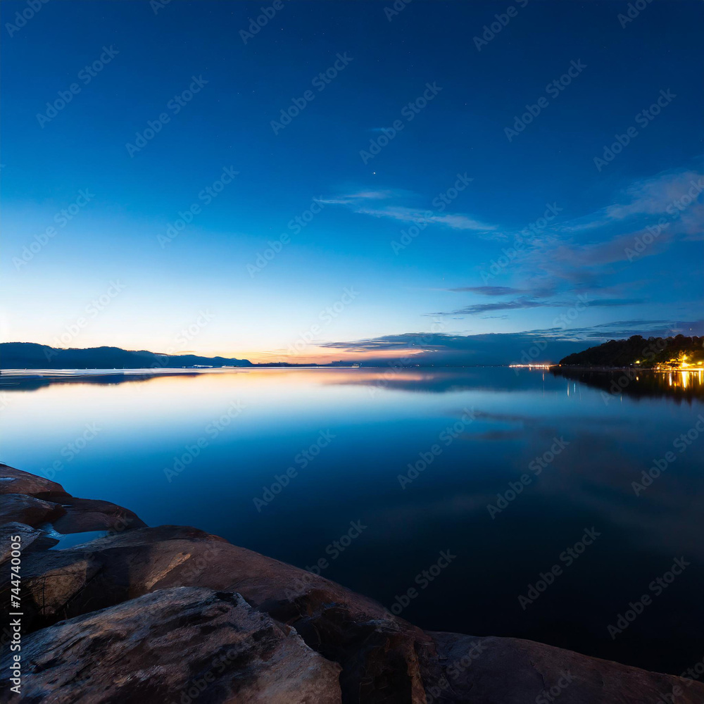 A beautiful landscape view of half cloudy circle on reflecting on water at night