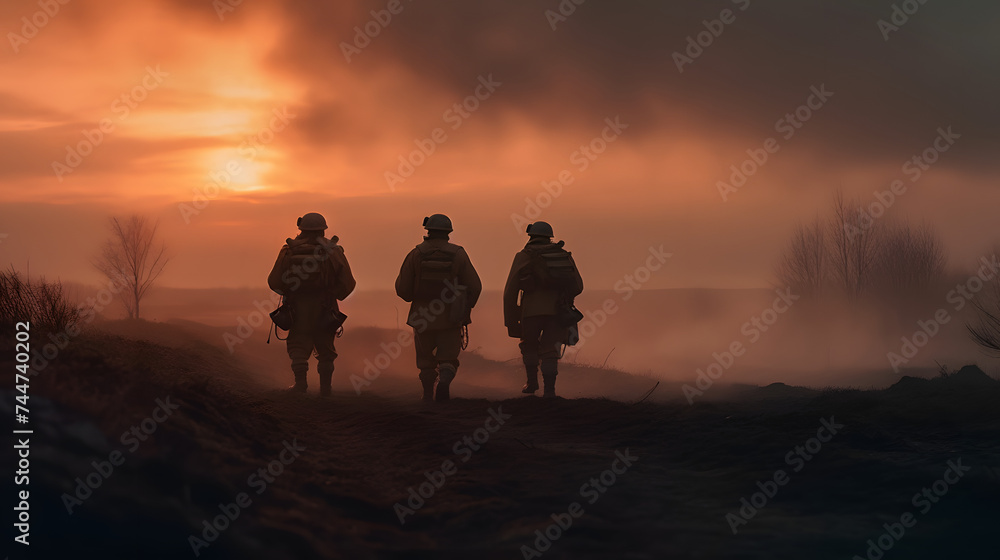  model soldiers standing around on the ground at a sunset