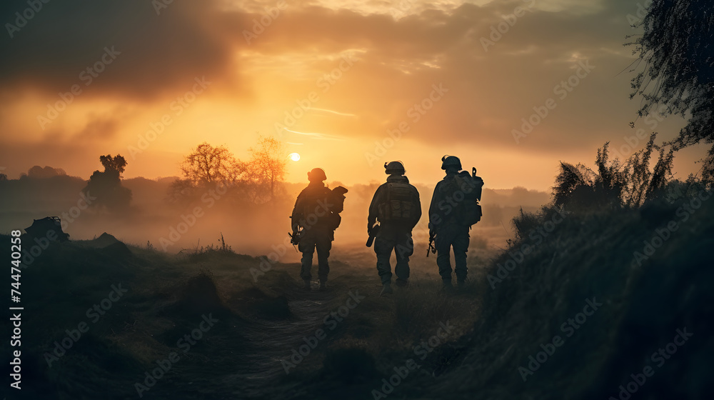  model soldiers standing around on the ground at a sunset