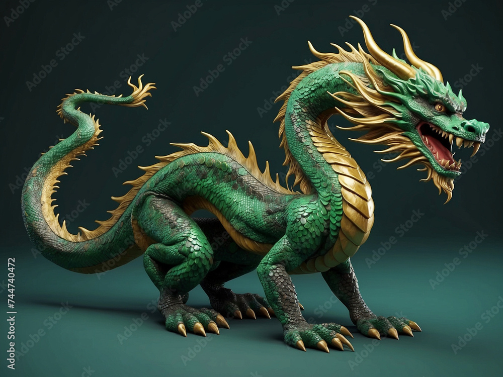 Fototapeta premium Chinese new year concept green statue of a angry dragon