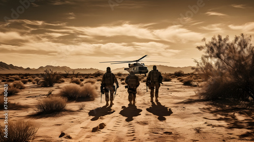  soldiers walking down a desert road near a helicopter