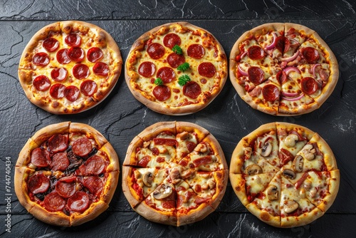 A collection of six delectable  freshly made pizzas. Generative Ai.