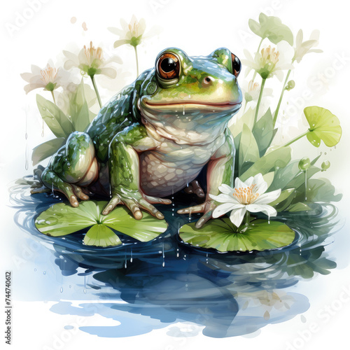 watercolor Cute Frog on a Lily Pad clipart, Generative Ai © creativeproartist