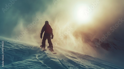 The mountaineer embarks on backcountry skiing, trekking through the snow-covered terrain. photo