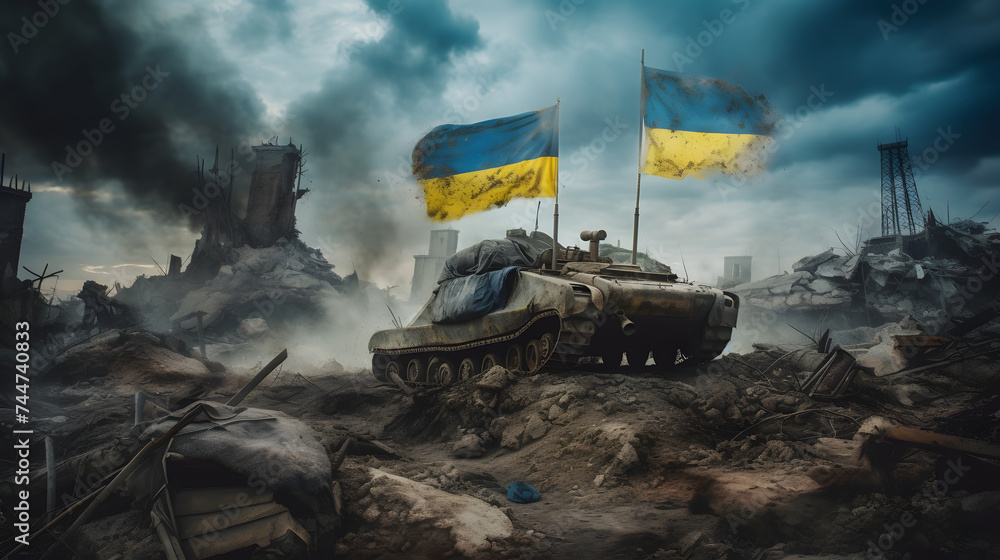 Ukranian flags of war, tabnk with Ukraine flags