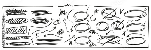 Collection of linear design elements for notes. Hand drawn with a thin marker, the symbols of the entries in the notebook. Highlighting, arrows, cross, check mark strikethrough, underline, textbox