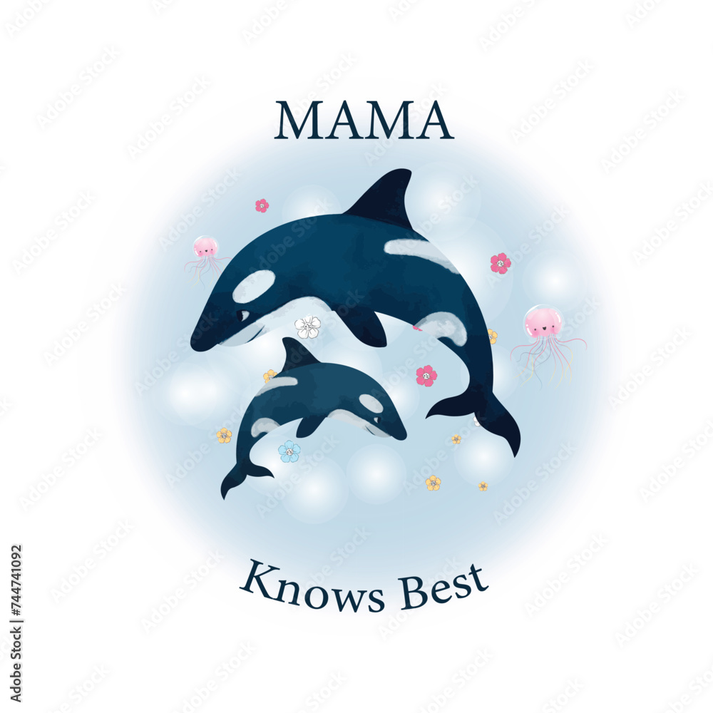 Obraz premium Blue And Pink Mama And Baby Whale Watercolour Family Mothers Day T-shirt 