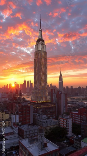 Empire State Building at Sunrise with Orange Sky