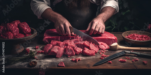 Skilled butcher cuts meat frontal view against a dark surface showcasing precision photo