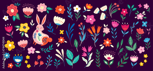 Colorful collection with easter rabbit, flowers and leaves.