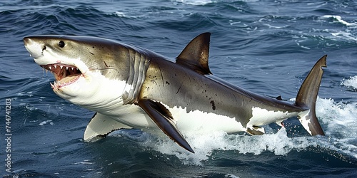 Majestic Great White Shark with Open Jaws in Open Water