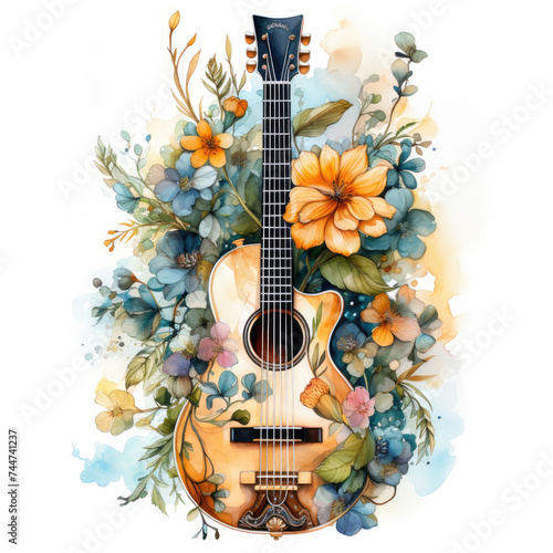 watercolor guitar floral musical instrument clipart, Generative Ai