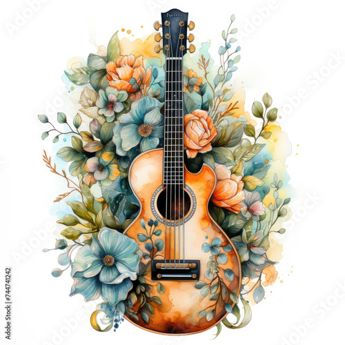 watercolor guitar floral musical instrument clipart, Generative Ai