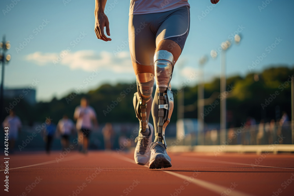 A man with a bionic prosthetic leg runs along the stadium track. Training, competitions, Paralympic games. - obrazy, fototapety, plakaty 