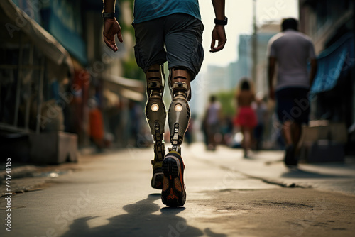 A man walks along a city street with a bionic prosthetic leg. Development of prosthetic technologies. Health of disabled people. The ability to walk like healthy people