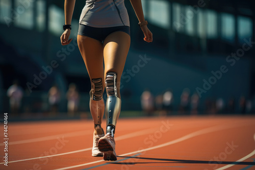 A young woman with a bionic prosthetic leg runs through a stadium on a sports track. Training, competitions, Paralympic games.
