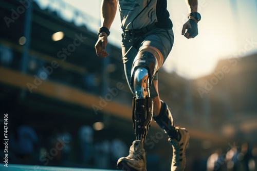 A man with a bionic prosthetic leg runs along the stadium track. Training, competitions, Paralympic games.