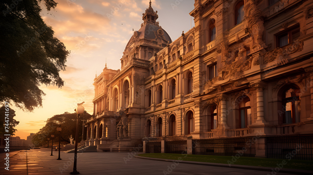 A majestic historic building with intricate architectural details, illuminated by the soft glow of sunset, evoking a sense of grandeur and timeless beauty