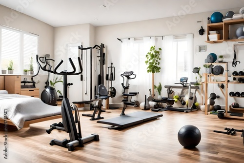 A fitness enthusiast's bedroom with workout equipment, motivational decor, and a dedicated exercise space, promoting a healthy and active lifestyle