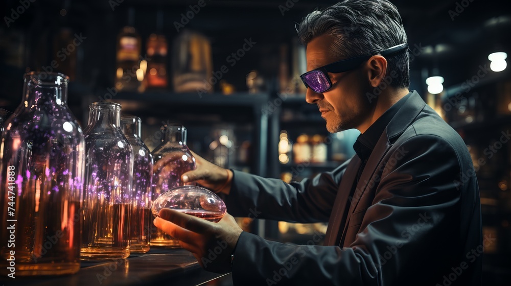 man wearing augmented reality glasses touches virtual objects. Concept: immersion in an interactive digital world.
future learning and gamification.